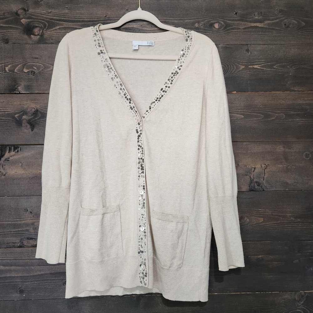 Eileen Fisher Womens Small Sequin Embellished V-Neck Cardigan Beige S